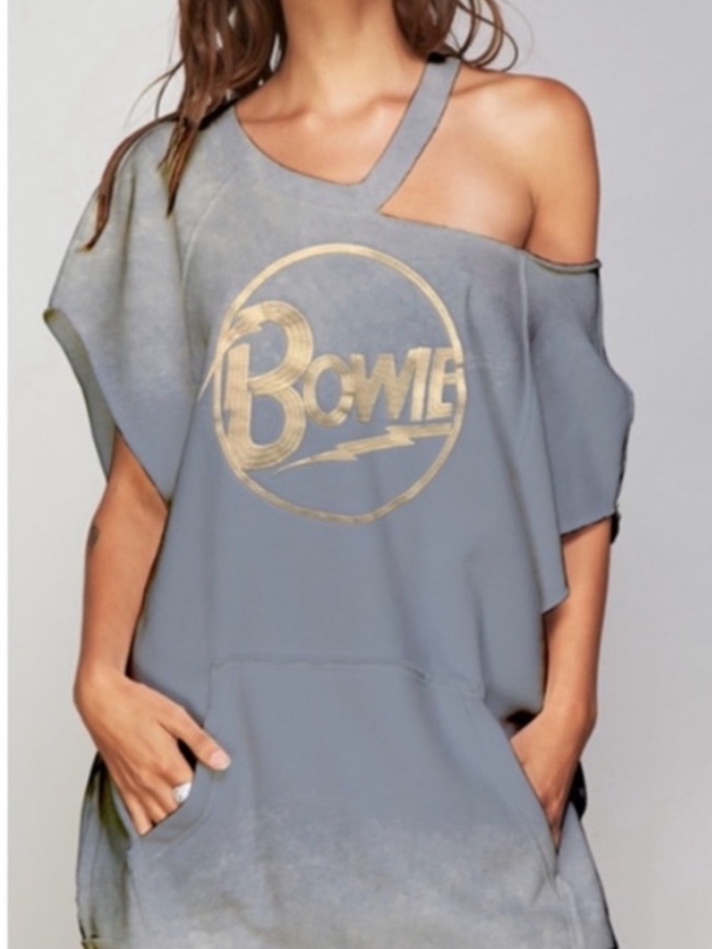NWT Bowie Logo Dip-Dye Pullover in Faded Blue SZ S Embroidered Distressed